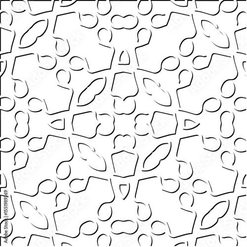 3d relief tiles.
Vector pattern with symmetrical elements . Modern stylish abstract texture. Repeating tiles from striped elements. Black and white pattern.