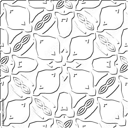  3d relief tiles.
Vector pattern with symmetrical elements . Modern stylish abstract texture. Repeating tiles from striped elements. Black and white pattern.