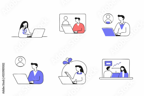 Social Media Marketing illustrations. 6 set. Collection of scenes with men and women taking part in business activities. Trendy vector style