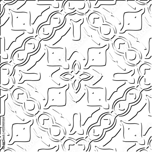  3d relief tiles.
Vector pattern with symmetrical elements . Modern stylish abstract texture. Repeating tiles from striped elements. Black and white pattern.