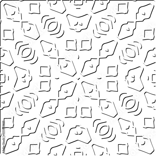  3d relief tiles.
Vector pattern with symmetrical elements . Modern stylish abstract texture. Repeating tiles from striped elements. Black and white pattern.
