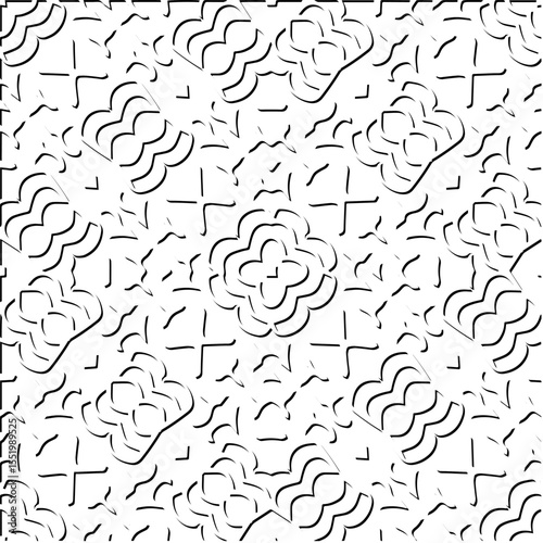  3d relief tiles.
Vector pattern with symmetrical elements . Modern stylish abstract texture. Repeating tiles from striped elements. Black and white pattern.
