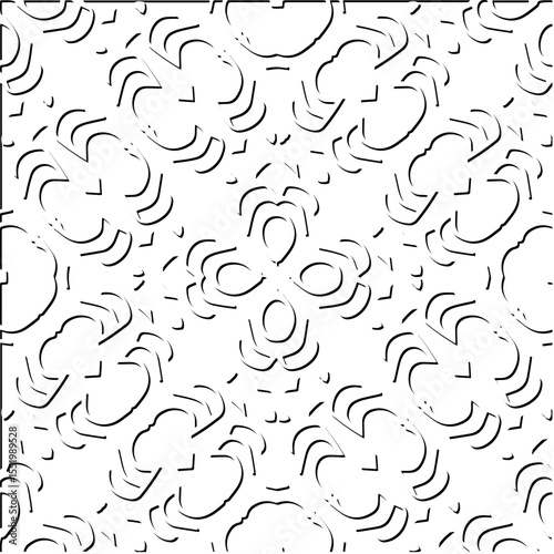  3d relief tiles.
Vector pattern with symmetrical elements . Modern stylish abstract texture. Repeating tiles from striped elements. Black and white pattern.