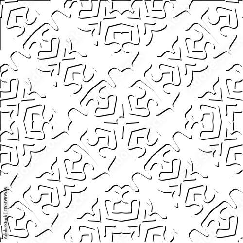  3d relief tiles.
Vector pattern with symmetrical elements . Modern stylish abstract texture. Repeating tiles from striped elements. Black and white pattern.