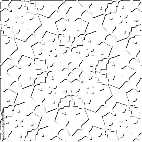  3d relief tiles.
Vector pattern with symmetrical elements . Modern stylish abstract texture. Repeating tiles from striped elements. Black and white pattern.