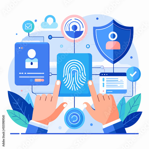 Fingerprint Scan on Blue Screen Security System with Data Protection Cloud Computing and Digital Access Authentication Vector Illustration