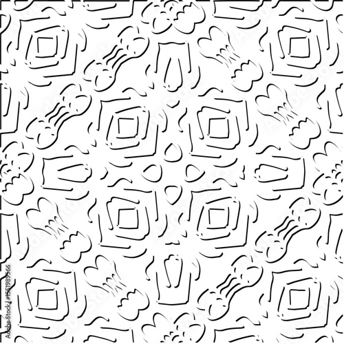  3d relief tiles.
Vector pattern with symmetrical elements . Modern stylish abstract texture. Repeating tiles from striped elements. Black and white pattern.