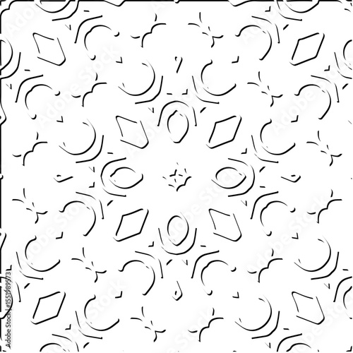 3d relief tiles.
Vector pattern with symmetrical elements . Modern stylish abstract texture. Repeating tiles from striped elements. Black and white pattern.