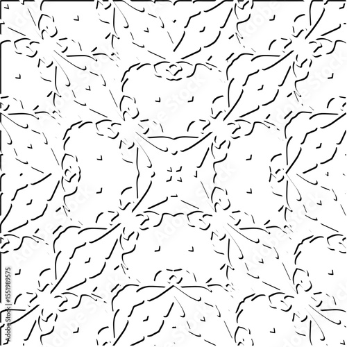  3d relief tiles.
Vector pattern with symmetrical elements . Modern stylish abstract texture. Repeating tiles from striped elements. Black and white pattern.