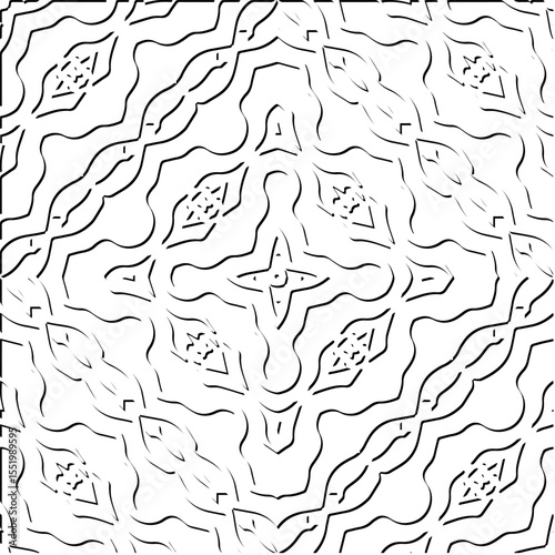  3d relief tiles.
Vector pattern with symmetrical elements . Modern stylish abstract texture. Repeating tiles from striped elements. Black and white pattern.