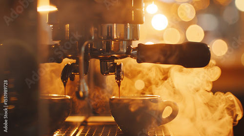 a steaming cup of coffee with milk, glowing warm light, cozy cafe atmosphere, bokeh effect, atmospheric lighting, moody and intimate setting, intricate details, photorealistic
