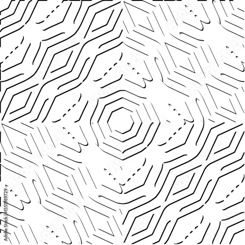 3d relief tiles.
Vector pattern with symmetrical elements . Modern stylish abstract texture. Repeating tiles from striped elements. Black and white pattern.