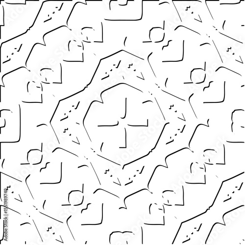 3d relief tiles.
Vector pattern with symmetrical elements . Modern stylish abstract texture. Repeating tiles from striped elements. Black and white pattern.