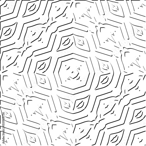3d relief tiles.
Vector pattern with symmetrical elements . Modern stylish abstract texture. Repeating tiles from striped elements. Black and white pattern.