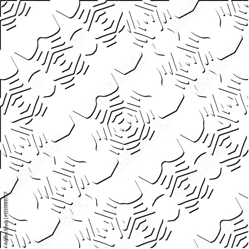 3d relief tiles.
Vector pattern with symmetrical elements . Modern stylish abstract texture. Repeating tiles from striped elements. Black and white pattern.