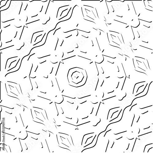 3d relief tiles.
Vector pattern with symmetrical elements . Modern stylish abstract texture. Repeating tiles from striped elements. Black and white pattern.