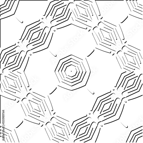 3d relief tiles.
Vector pattern with symmetrical elements . Modern stylish abstract texture. Repeating tiles from striped elements. Black and white pattern.