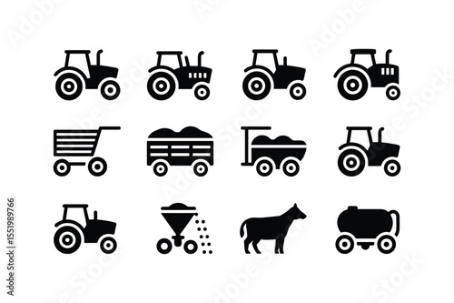 Black Tractor Icon Set Farm Equipment Agriculture Symbols