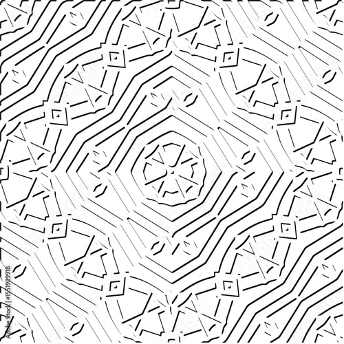 3d relief tiles.
Vector pattern with symmetrical elements . Modern stylish abstract texture. Repeating tiles from striped elements. Black and white pattern.