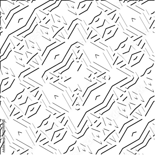 3d relief tiles.
Vector pattern with symmetrical elements . Modern stylish abstract texture. Repeating tiles from striped elements. Black and white pattern.