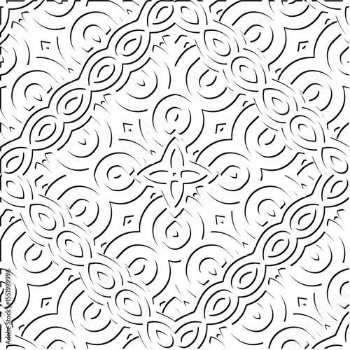 3d relief tiles.
Vector pattern with symmetrical elements . Modern stylish abstract texture. Repeating tiles from striped elements. Black and white pattern.