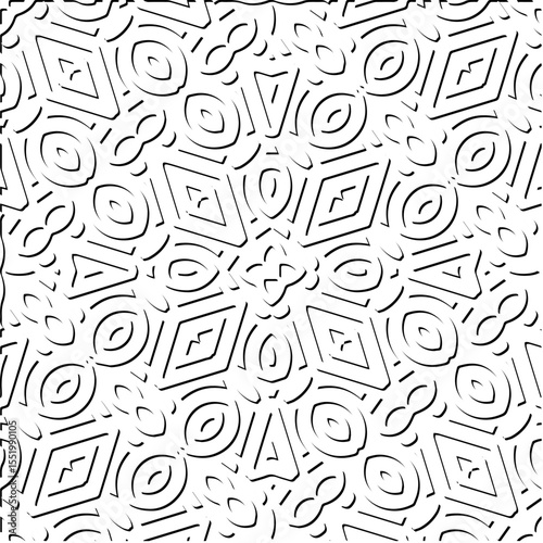 3d relief tiles.
Vector pattern with symmetrical elements . Modern stylish abstract texture. Repeating tiles from striped elements. Black and white pattern.