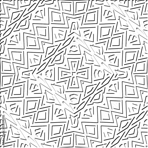 3d relief tiles.
Vector pattern with symmetrical elements . Modern stylish abstract texture. Repeating tiles from striped elements. Black and white pattern.
