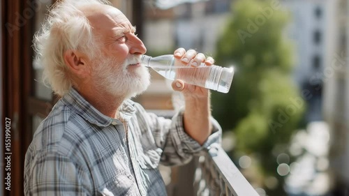 Elderly man standing on a balcony enjoying a refreshing bottle of water on a sunny day, staying hydrated in warm weather.