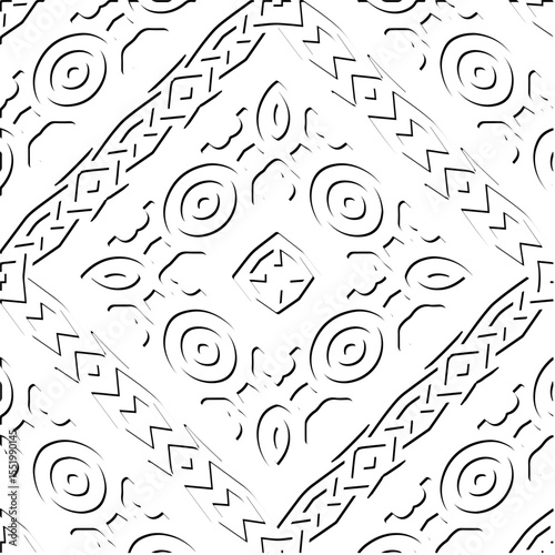 3d relief tiles.
Vector pattern with symmetrical elements . Modern stylish abstract texture. Repeating tiles from striped elements. Black and white pattern.