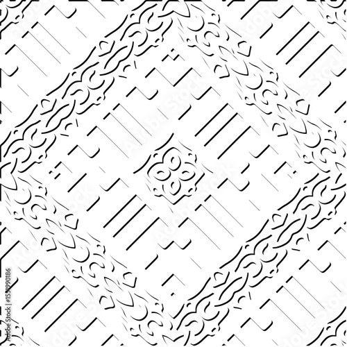 3d relief tiles.
Vector pattern with symmetrical elements . Modern stylish abstract texture. Repeating tiles from striped elements. Black and white pattern.