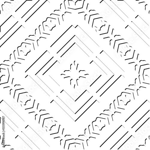 3d relief tiles.
Vector pattern with symmetrical elements . Modern stylish abstract texture. Repeating tiles from striped elements. Black and white pattern.