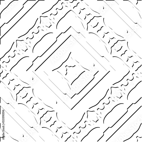 3d relief tiles.
Vector pattern with symmetrical elements . Modern stylish abstract texture. Repeating tiles from striped elements. Black and white pattern.