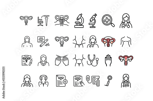 Female Reproductive System Medical Icon Set Black Line Art