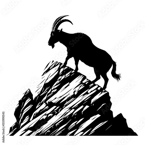 Silhouette of a climbing mountain goat on rocky slope