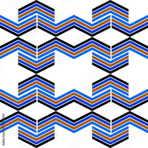 Chevron pattern vector in black, blue and brown tone. Seamless background of chevron in bold zigzag stripes. Concept of geometric design, lines, contrast, contemporary, dynamic for paper, textiles.