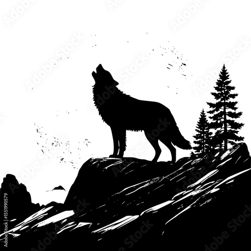 Silhouette of a howling wolf on a rock under moon
