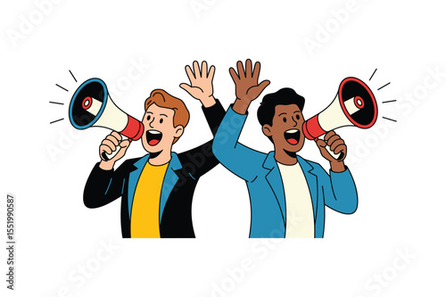 Men Announcing with Megaphones Hands Raised announcement