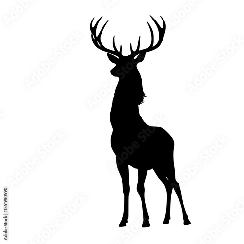 Silhouette of a standing deer with large antlers on white background