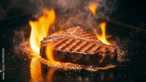 Sizzling Steak on Grill with Flames and Smoke
