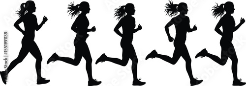 Silhouettes, running motion sequence, athlete stride phases, dynamic runner form, side profile, fitness concept, progress in motion, active lifestyle, minimal design, energy, timing