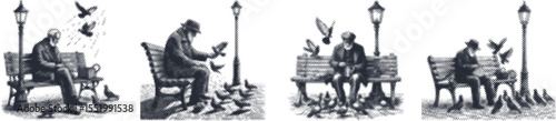Halftone stipple vector bundle of old man sitting alone on park bench with lamp post, vintage black engraving style illustration, emotional solitude retro ink dot sketch design