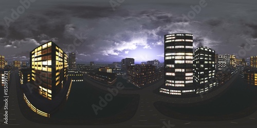 Night city, HDRI, equidistant projection, Spherical panorama, panorama 360, environment map, 3D rendering