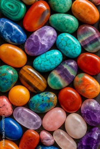 Assorted Polished Gemstones in Vibrant Colors - Collection of Colorful Tumbled Crystals and Minerals