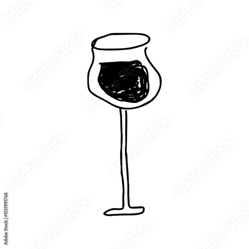 Hand Drawn Wine Glass with Wine in Bold Black Line Style on Transparent SVG Background for Romantic, Culinary, Bar, Restaurant and Celebration Designs