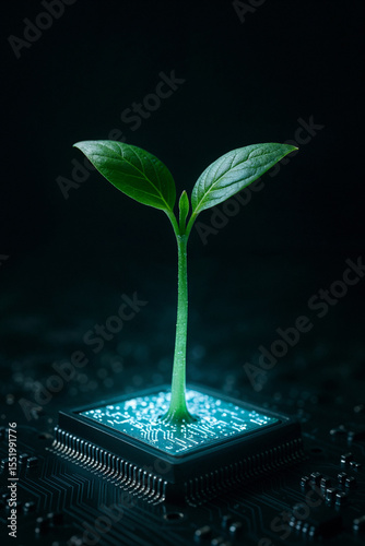 Eco-Tech Concept with Seedling on Computer Processor