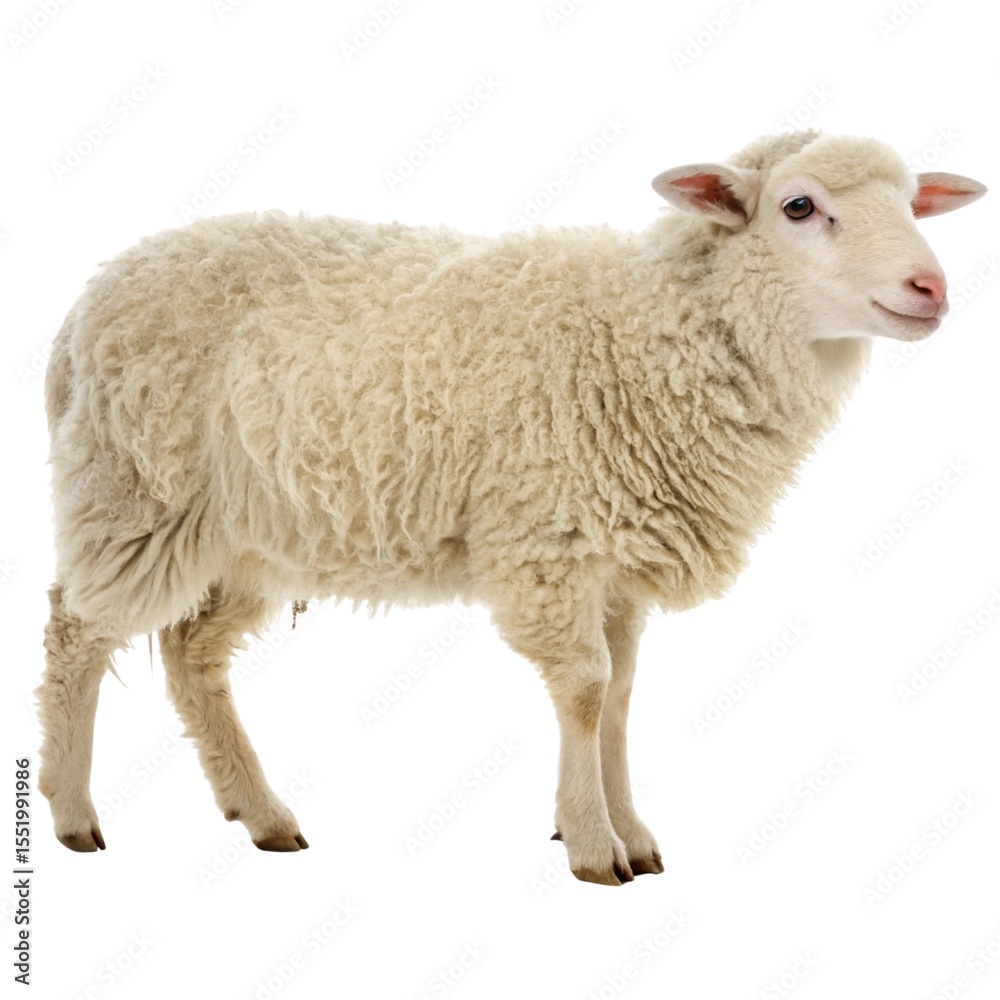 Fototapeta premium White sheep and curious lambs stand isolated on a white background, symbolizing the essence of farm life, nature, and the gentle innocence of these wool-bearing animals