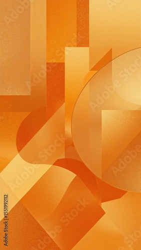 Abstract orange background with geometric shapes including circles squares and curved forms overlaying