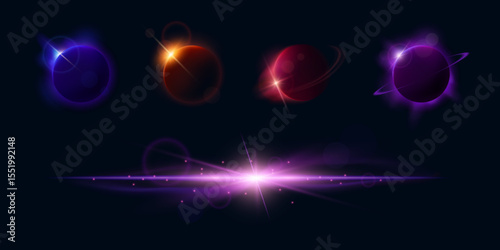 Solar eclipse light. Vector set of Moon flare glow, planet in dark sky, shining star, sunlight circle, cosmic effect. Space design elements in neon glow colors. Earth planet design set for web, game