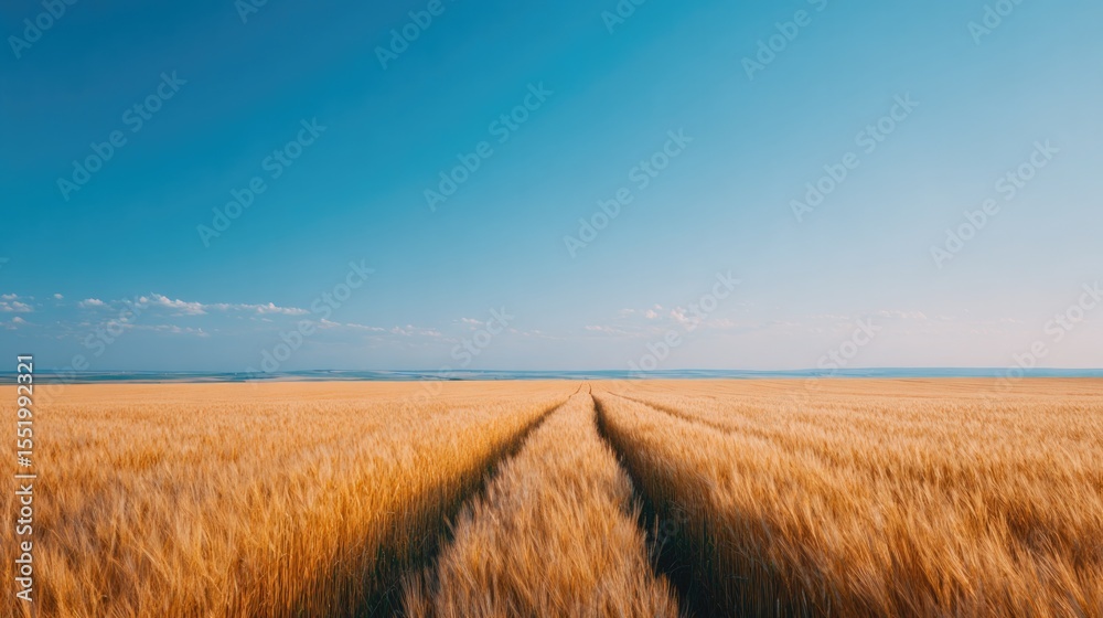 Obraz premium wheat field with tractor line creating path under blue sky