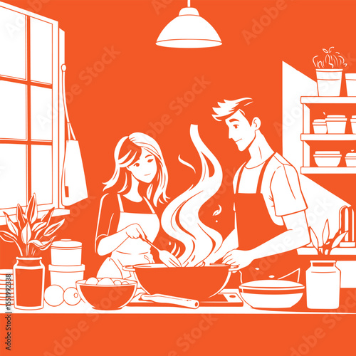Cooking together couple lifestyle scene concept design vector illustration.